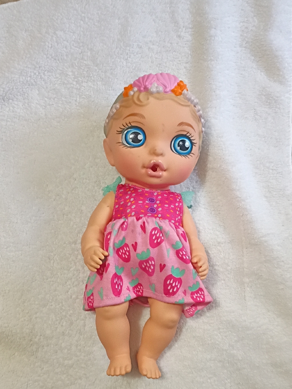 Pink Strawberry-Print Baby Doll with Bright Blue Eyes